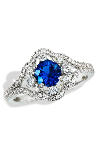 Savvy Cie Jewels Rhodium Plated Lab Created Sapphire Halo Ring In White