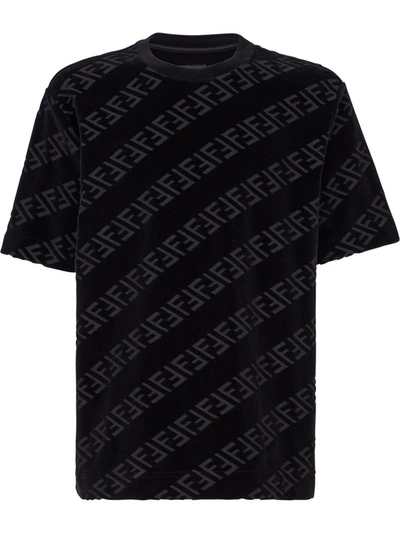 Fendi Logo-flocked Cotton-blend Jersey T-shirt In Black