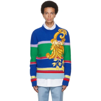 Versace Mens Multicolor Baroque-embroidered Wool- And Cashmere-blend Jumper 36 In Blue