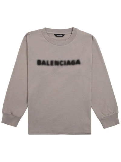 Balenciaga Kids' Long-sleeved Shirt In Taupe-colored Cotton With Logo In Grey