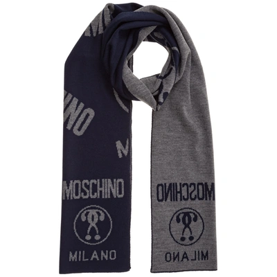 Moschino Double Question Mark Wool Wool Scarf In Blue