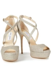Jimmy Choo Jenique 125 Glittered Faux Leather Platform Sandals In Platinum