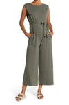 Max Studio French Terry Waist Tie Jumpsuit In Army-army