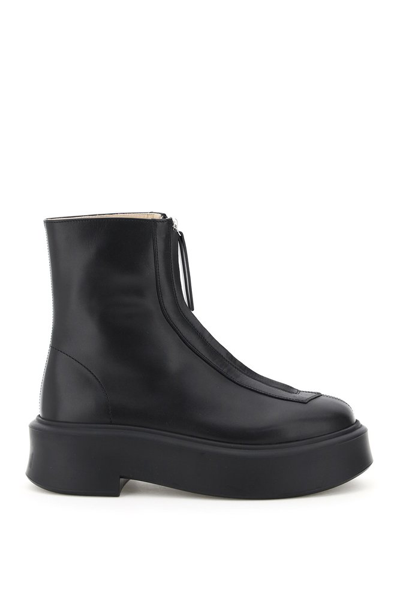 The Row Leather Ankle Boots In Nero