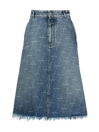 Balenciaga Logo-print A-line Denim Skirt In Blue