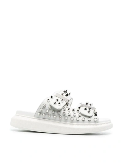 Alexander Mcqueen Hybrid Spike Double-buckle Slide Sandals In White/silver