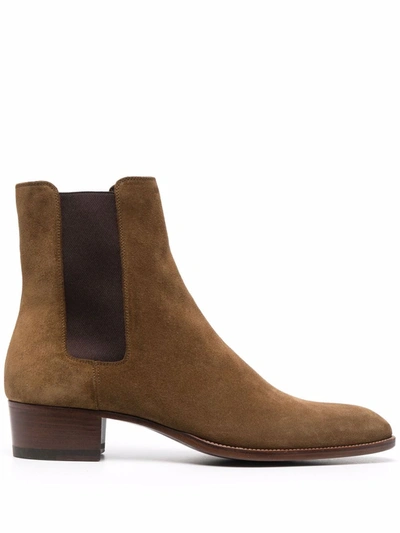 Saint Laurent Wyatt 40 Suede Leather Chelsea Boots In Brown