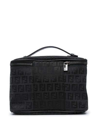 Pre-owned Fendi Zucchino Pattern Cosmetic Handbag In Black