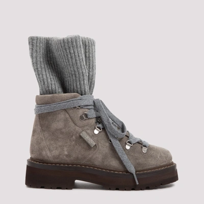 Brunello Cucinelli Suede And Ribbed Cashmere Ankle Boots In Dark Gray