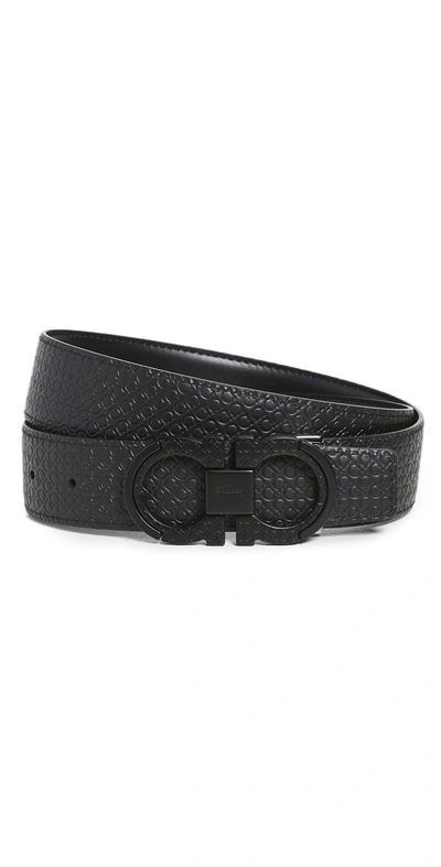 Ferragamo Black Reversible Belt With Gancini Buckle On The Front And All-over Gancini Motif
