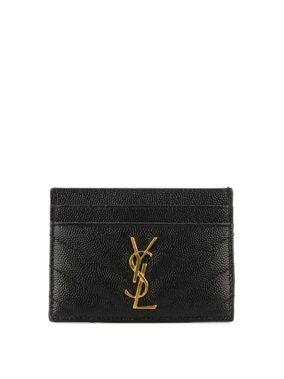 Saint Laurent Monogramme Grain De Poudre Leather Card Case, Golden Hardware In Black