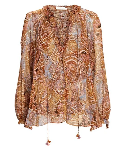 Zimmermann Concert Lace-up Printed Silk-crepon Blouse In Multi