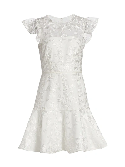 Monique Lhuillier Floral Embroidered Flounce Minidress In White