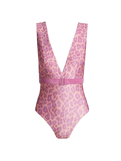 Zimmermann Plunge Buckle One-piece Swimsuit In Pink Leopard