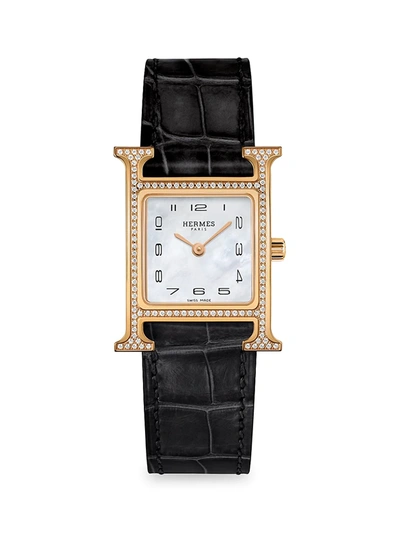 Herm S Women's Heure H 30mm 18k Rose Gold, Diamond & Alligator Strap Watch In Black