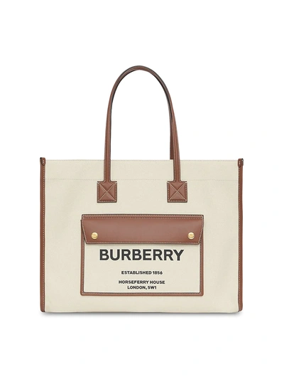 Burberry Medium Beige Leather Tote Handbag For Women With Horseferry Print In White