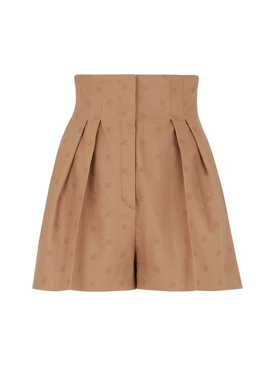 Fendi Pleated Wool-blend Jacquard Shorts In Brown