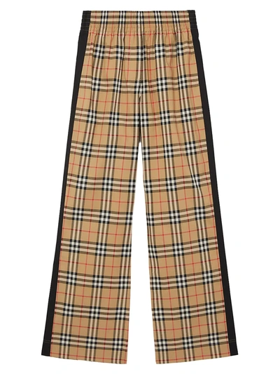 Burberry Stretch Cotton Trousers With Check Pattern And Lateral Bands In Beige
