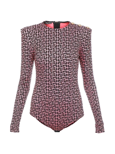 Balmain Long Sleeve Monogram Bodysuit In Rose Vif Noir