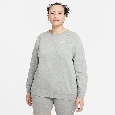 Nike Women's Sportswear Essential Fleece Crewneck Sweatshirt (plus Size) In Dark Grey Heather/white