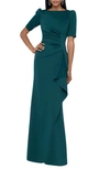 Xscape Side Ruched Ruffle Details Scuba Crepe Gown In Hunter