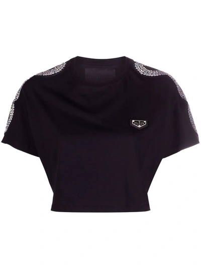 Philipp Plein Crystal-studded Crop T-shirt In Schwarz