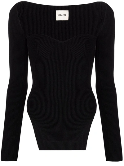 Khaite Maddy Ribbed Sweetheart Neckline Top In Black