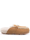 Mou Plush Sheep Skin Slippers With Decorative Stitching In Braun