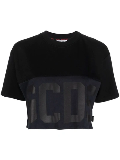Gcds Black Cotton Cropped T-shirt