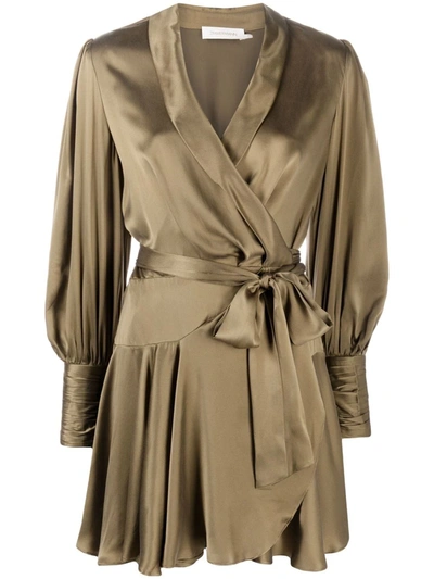 Zimmermann Silk Wrap V-neck Minidress In Khaki