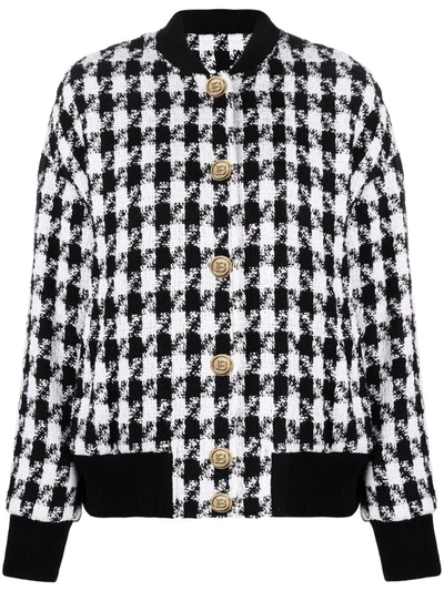Balmain Woman White And Black Bomber Jacket In Pied De Poule Tweed In White,black