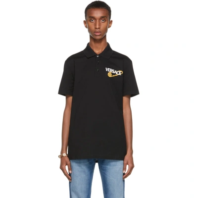 Versace Safety Pin Logo-embroidered Polo Shirt In 1b000 Black