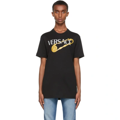 Versace Safety Pin Logo-print T-shirt In Black