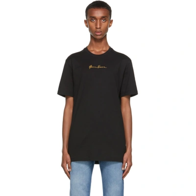 Versace Black T-shirt In Organic Cotton With Gv Signature Embroidery In Black,gold