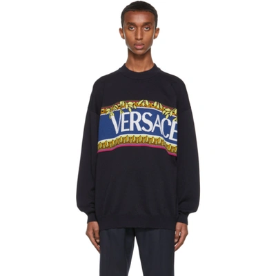 Versace Navy Knit Logo Graphic Jumper In Blue