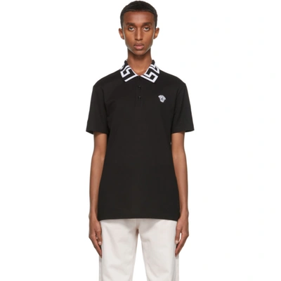 Versace Greca-trim Medusa-plaque Polo Shirt In Black