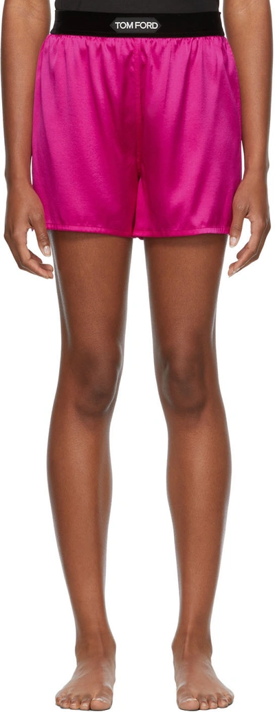 Tom Ford Velvet-trimmed Stretch-silk Satin Shorts In Pink & Purple