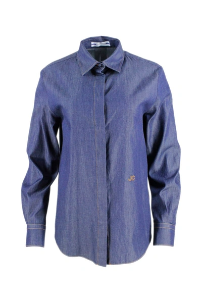 Jacob Cohen Long Amanica Shirt In Denim-colored Chambray Cotton With Logo Embroidered On The Front In Blue