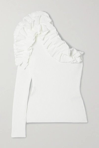 Zimmermann Concert One-sleeve Ruffled Ribbed-knit Top In White