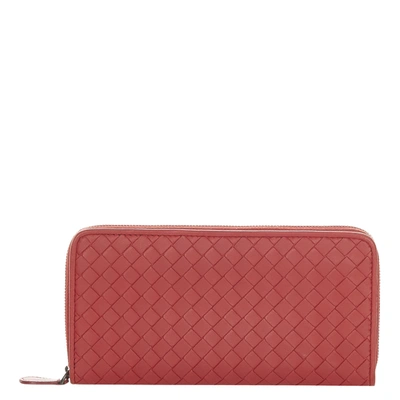Pre-owned Bottega Veneta Red Intrecciato Leather Zip Around Wallet
