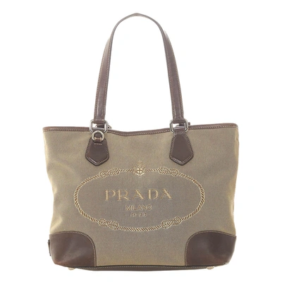 Pre-owned Prada Brown Leather Trimmed Canapa Tote Bag In Beige