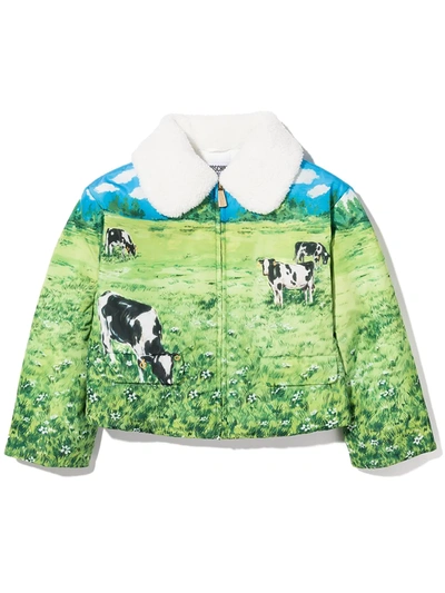 Moschino Kids' All Over Print Zip-up Nylon Jacket In Green
