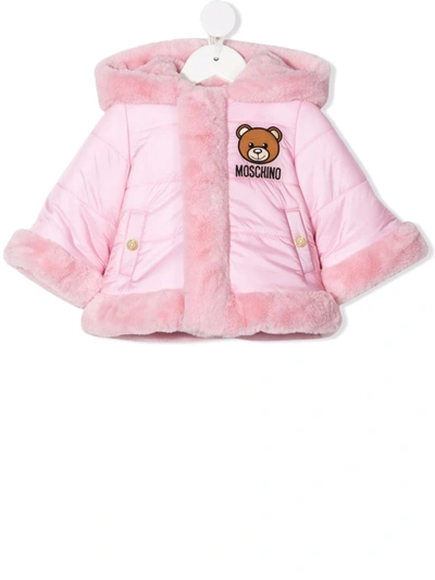 Moschino Babies' Faux-fur Effect Logo Coat In Rosa