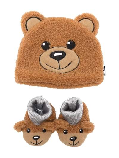 Moschino Baby Faux Shearling Beanie And Booties Set In Brown
