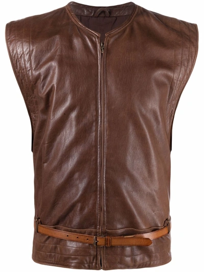 Pre-owned Versace 1980s Belted Leather Waistcoat In Brown