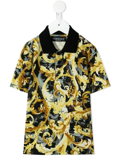Versace Kids' Baroccoflage-print Short-sleeve Polo Shirt In Gold