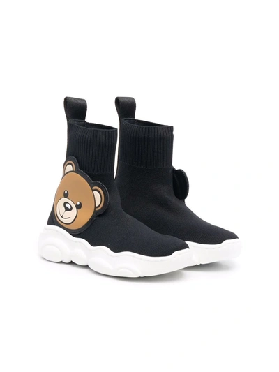 Moschino Kids' Teddy Bear-embellished Sock-style Sneakers In Black