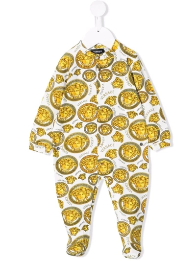 Versace Babies' 周身印花长袖棉质平纹针织连体衣 In Gold