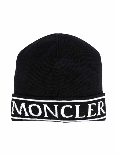 Moncler Kids' Logo初剪羊毛针织便帽 In Black