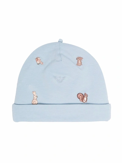 Emporio Armani Babies' Embroidered Cotton Beanie In Blue